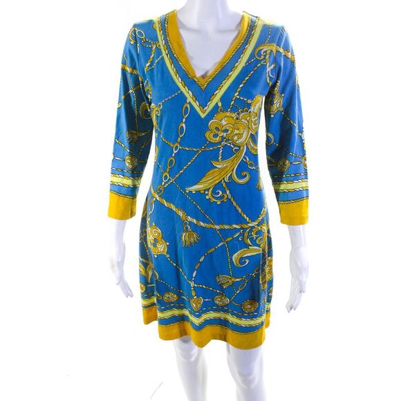 barbara gerwit | Dresses | Barbara Gerwit Womens Printed V Neck Jersey  Sheath Dress Blue Yellow Size Small | Poshmark